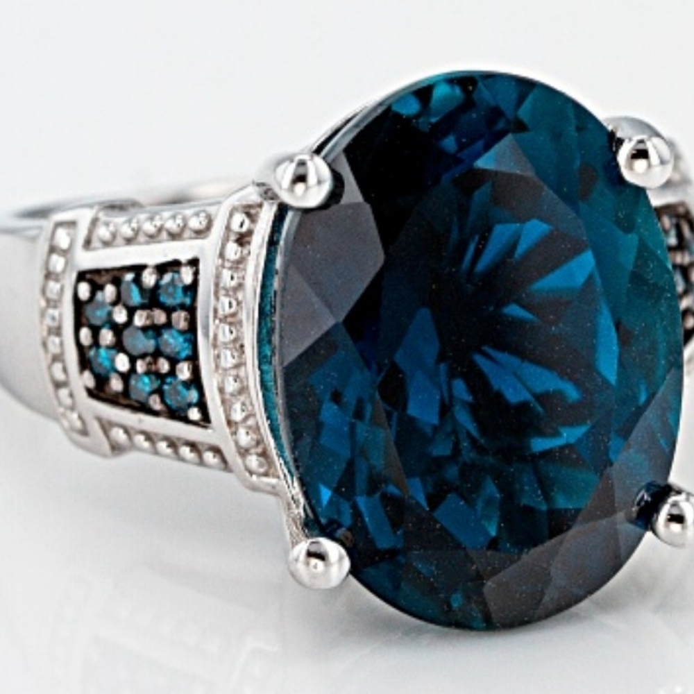 Natural London Blue Topaz & Teal Diamond Ring in Sterling Silver Sz 9! - Picture 6 of 16